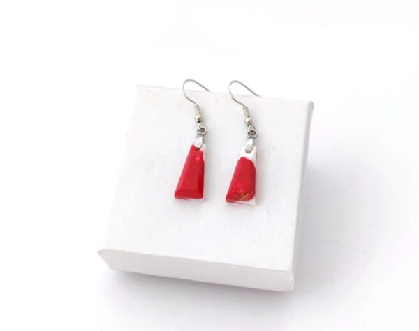 Red and white, trapezoid shape resin earrings