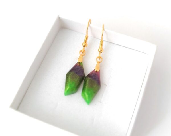 Purple and green colored, nugget-shaped resin earrings