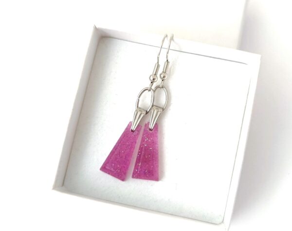 Purple and glitter, trapezoid shape resin earrings