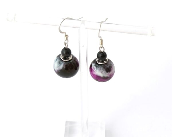 Resin marble, long earrings, in purple-black-white color
