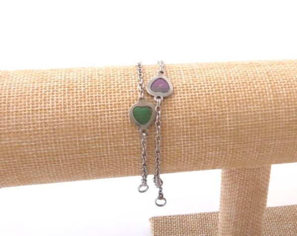 Purple-green resin heart on stainless steel chain bracelet