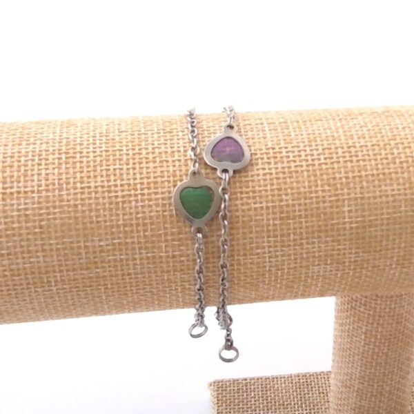 Purple-green resin heart on stainless steel chain bracelet