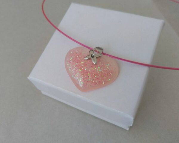 Peachy rose, glittery, small resin heart pendant