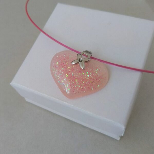 Peachy rose, glittery, small resin heart pendant