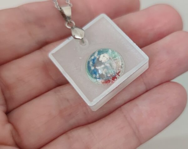 Rainbow planet, resin cube pendant with silver edges