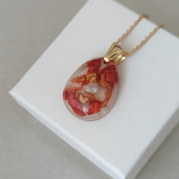 Rippled silk, red, copper and silver color resin drop pendant