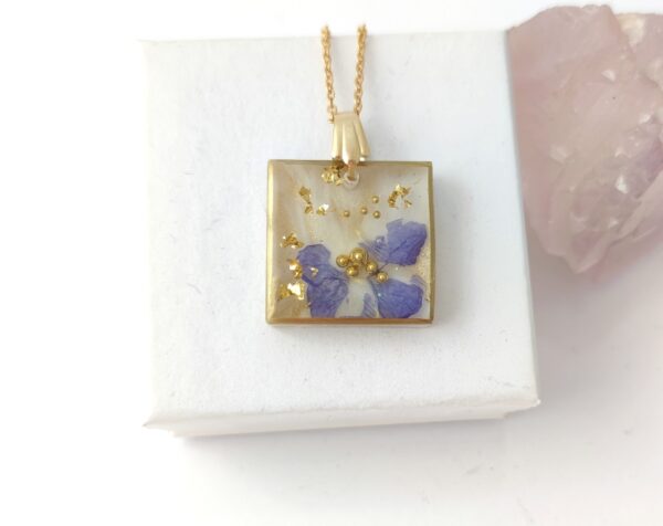 Blue-gold flowers, resin cube pendant