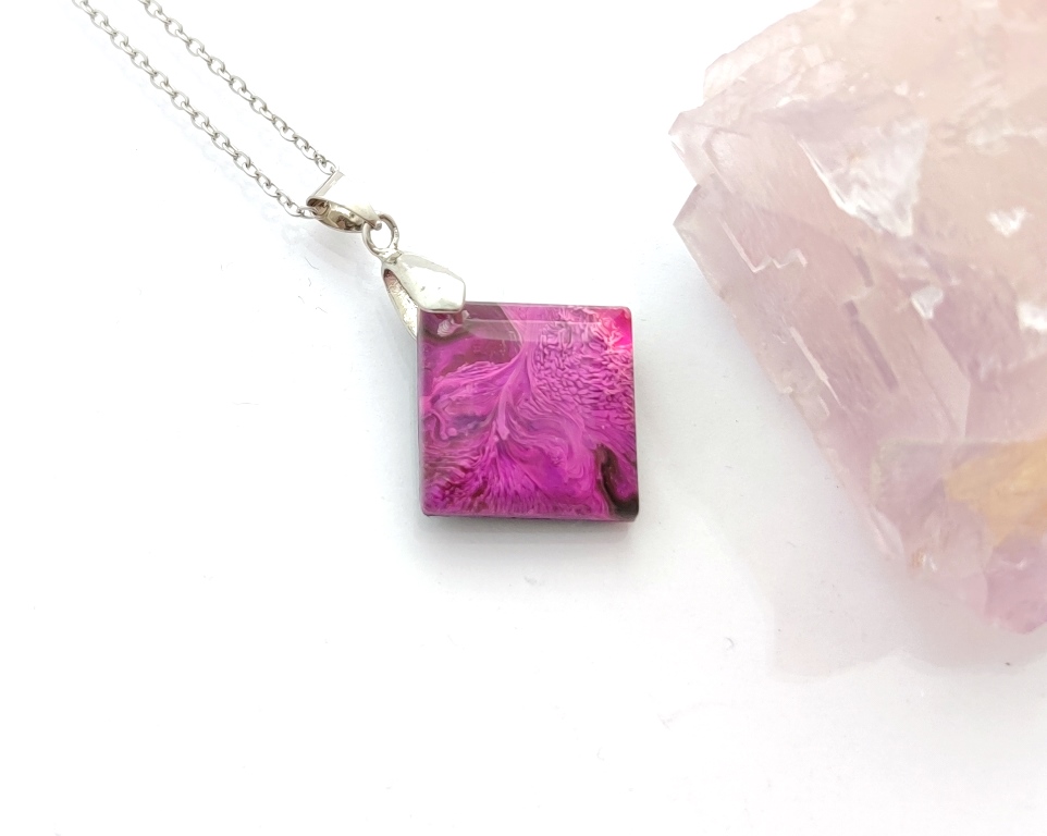 Purple silk, resin cube pendant