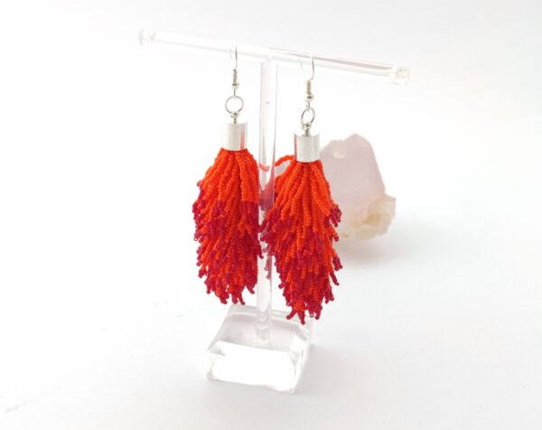 Orange fire beadtassel earrings, elongated size