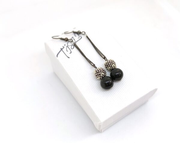Long earrings with obsidian balls and beaded beads