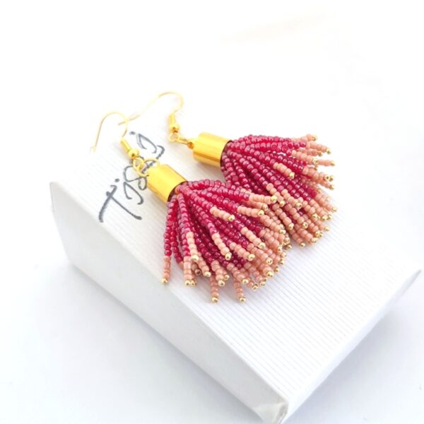 Raspberry color beadtassel earrings