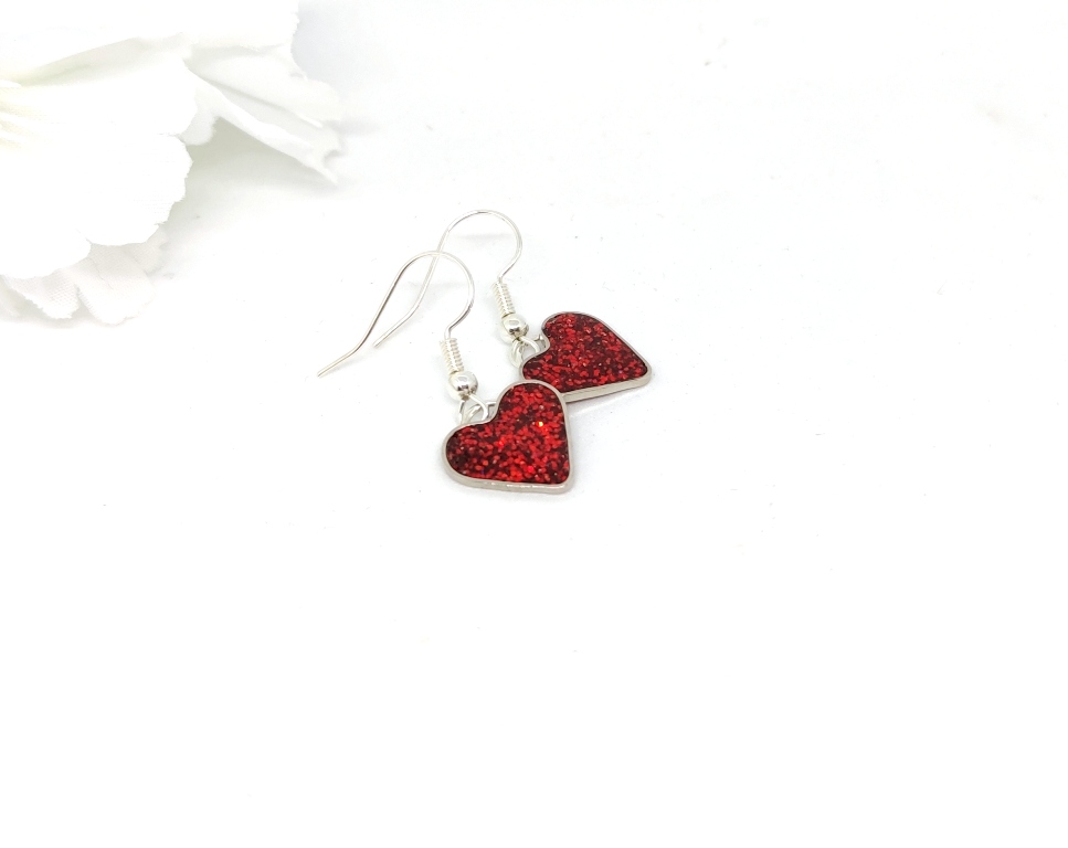 Heart earrings with red glitter