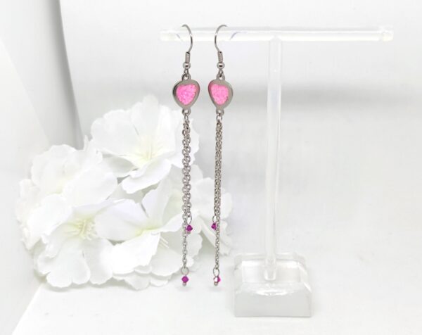 Heart earrings with long chain tassel, baby pink glitter