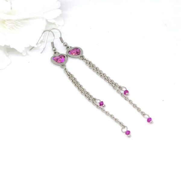Heart earrings with long chain tassel, purple, chunky glitter