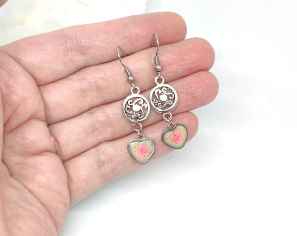 Heart with filigree charm, earrings with fluorescent resin heart