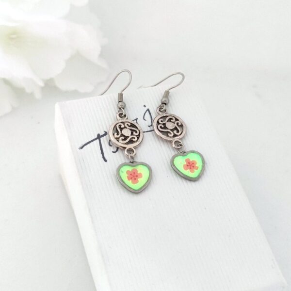 Heart with filigree charm, earrings with fluorescent resin heart