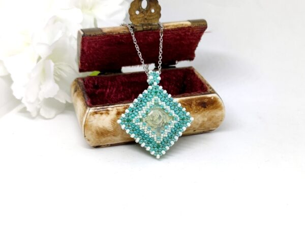 Beaded cube pendant with resin caboshon in turquoise color, smaller