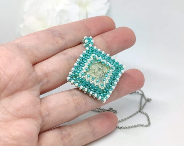 Beaded cube pendant with resin caboshon in turquoise color, smaller