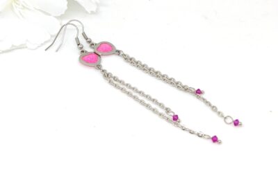 Heart earrings with long chain tassel, baby pink glitter