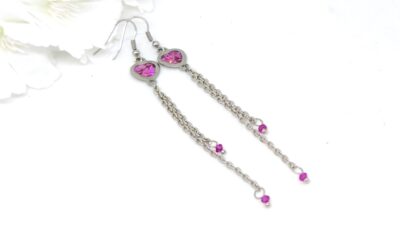 Heart earrings with long chain tassel, purple, chunky glitter