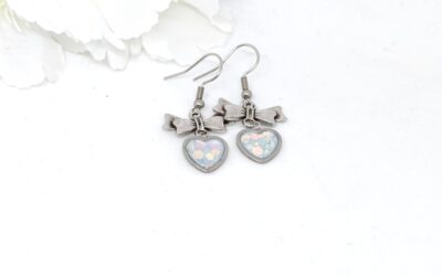 Heart with a bow charm, earrings with white and chunky glitters resin heart