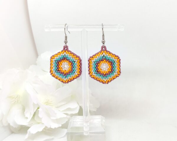 Hexagon mandala, beaded earrings