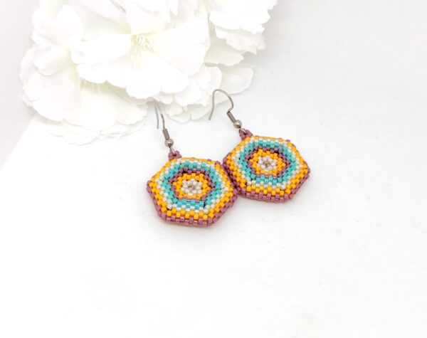 Hexagon mandala, beaded earrings