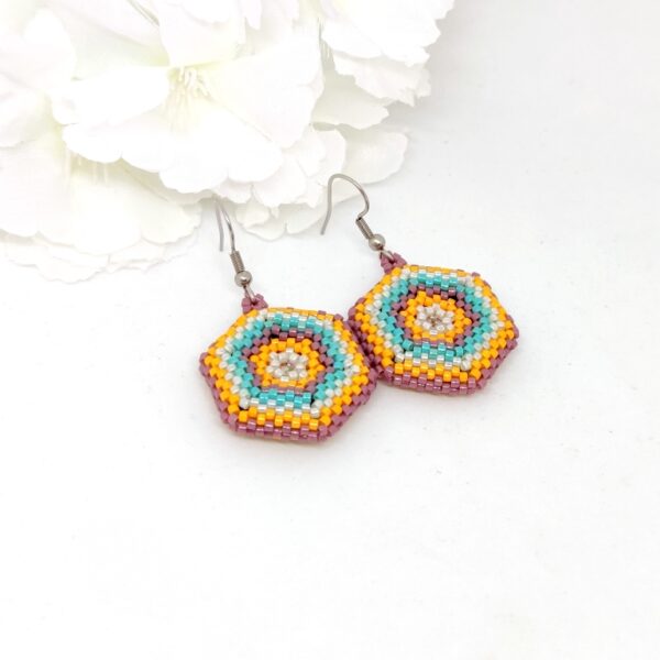 Hexagon mandala, beaded earrings