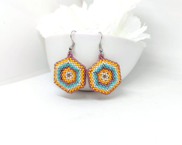 Hexagon mandala, beaded earrings