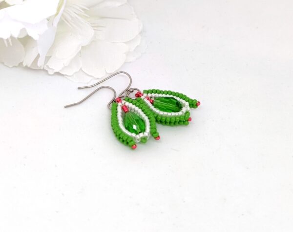 Flower bud, beaded earrings in green-white colors