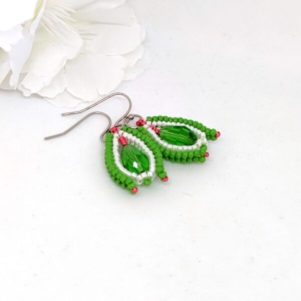 Flower bud, beaded earrings in green-white colors