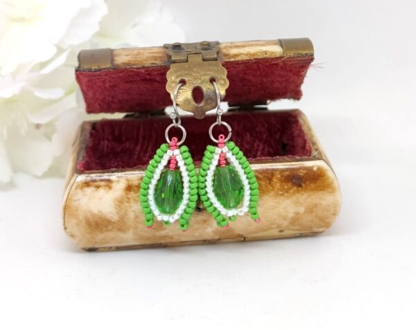 Flower bud, beaded earrings in green-white colors