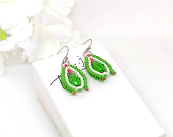 Flower bud, beaded earrings in green-white colors