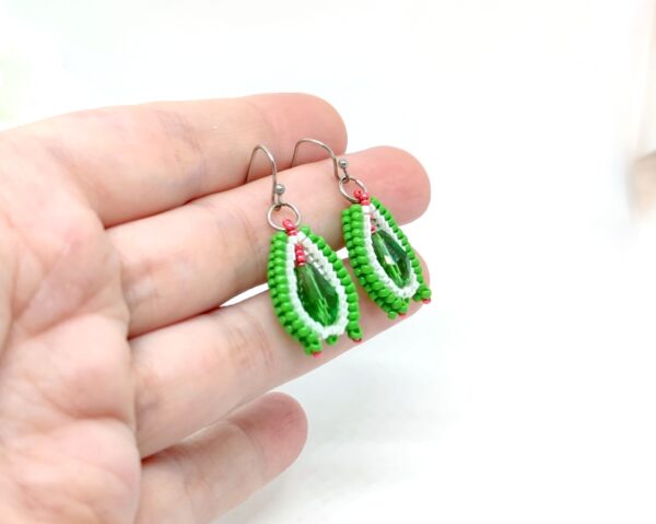 Flower bud, beaded earrings in green-white colors