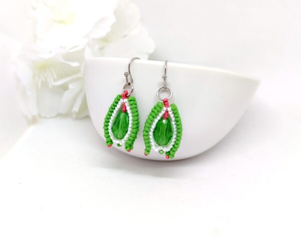 Flower bud, beaded earrings in green-white colors