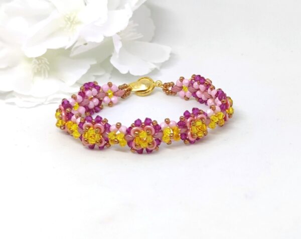 Bicone flower bracelet in pink-yellow colors