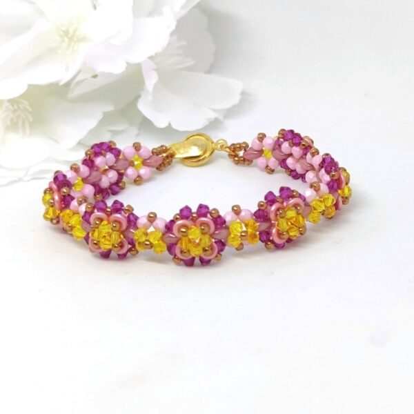 Bicone flower bracelet in pink-yellow colors