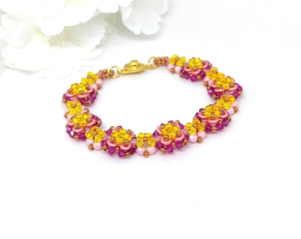 Bicone flower bracelet in pink-yellow colors