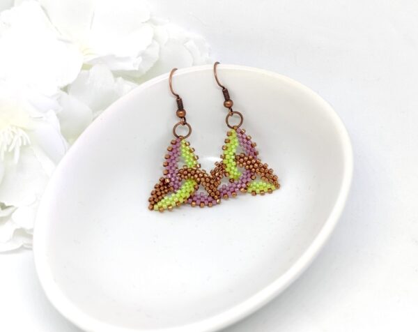 Celtic knot, beaded earrings in green, purple and bronze colors