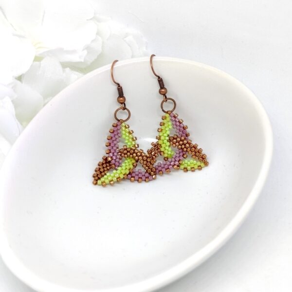 Celtic knot, beaded earrings in green, purple and bronze colors