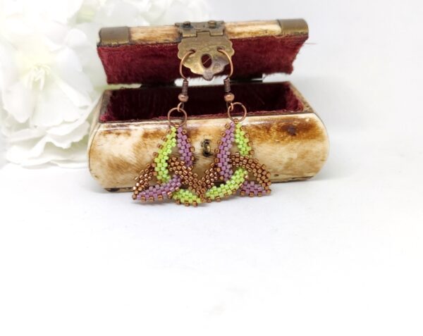 Celtic knot, beaded earrings in green, purple and bronze colors