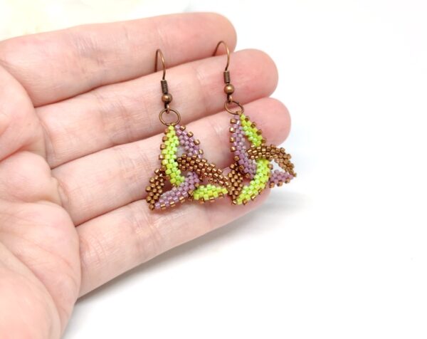 Celtic knot, beaded earrings in green, purple and bronze colors