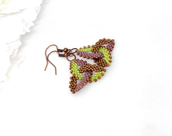 Celtic knot, beaded earrings in green, purple and bronze colors