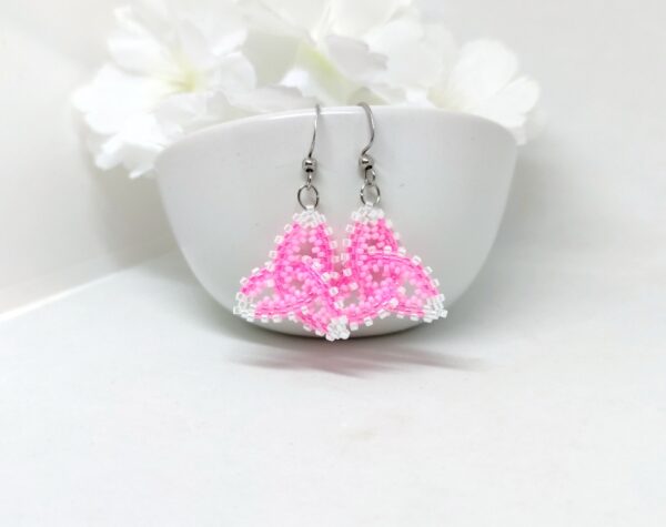 Celtic knot, beaded earrings in bubblegum pink-white colors