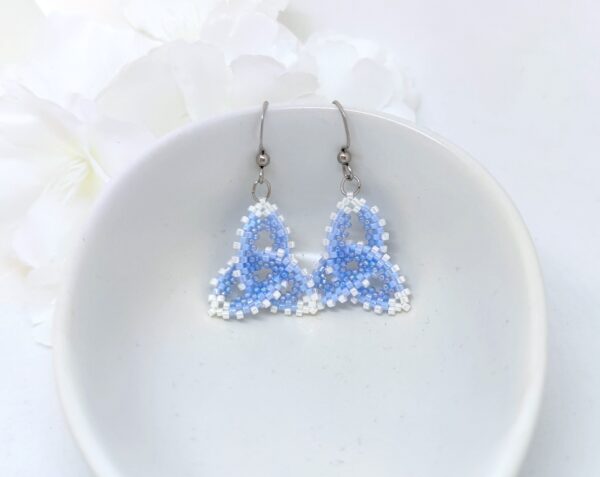 Celtic knot, beaded earrings in blue-white colors