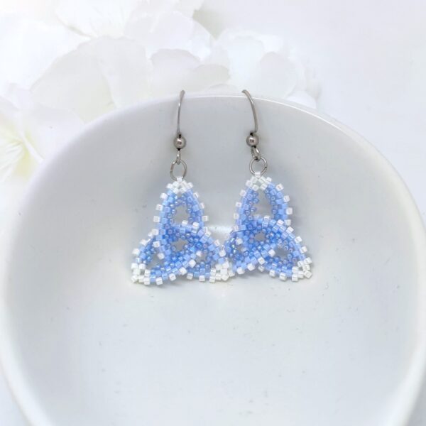 Celtic knot, beaded earrings in blue-white colors