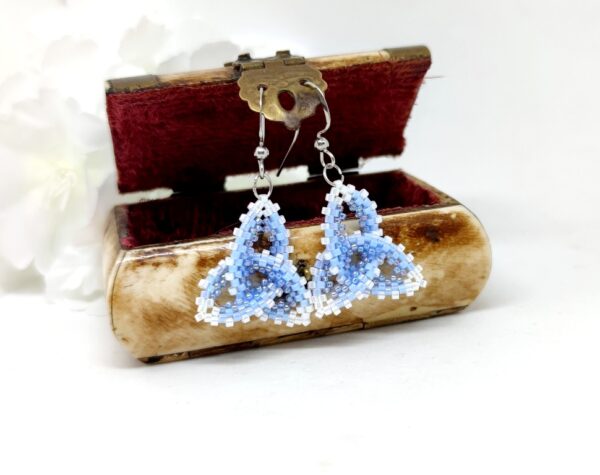 Celtic knot, beaded earrings in blue-white colors