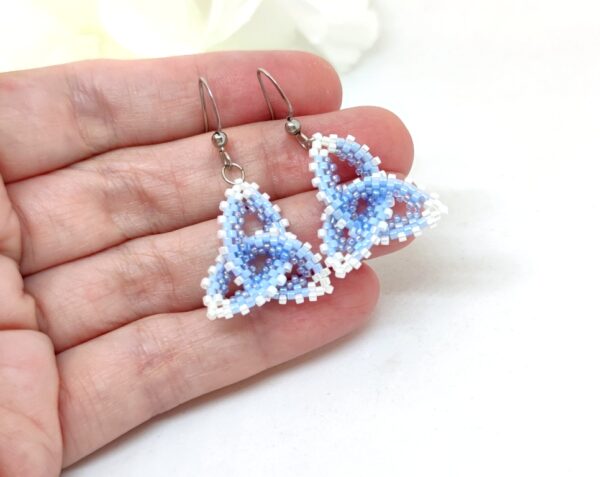 Celtic knot, beaded earrings in blue-white colors