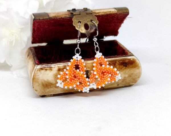 Celtic knot, beaded earrings in orange-white colors