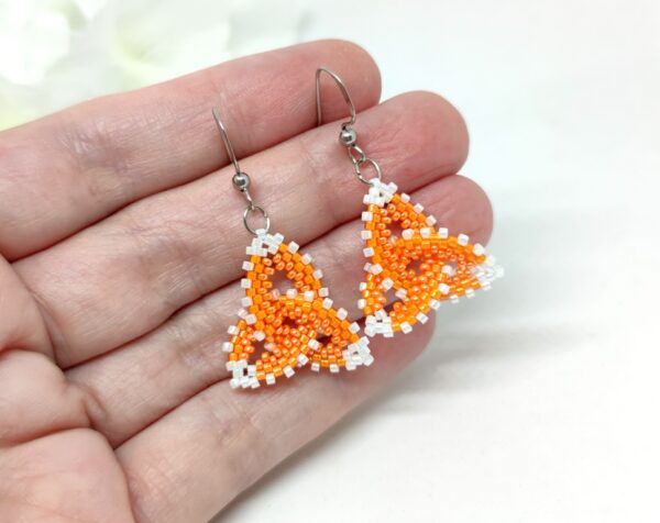 Celtic knot, beaded earrings in orange-white colors